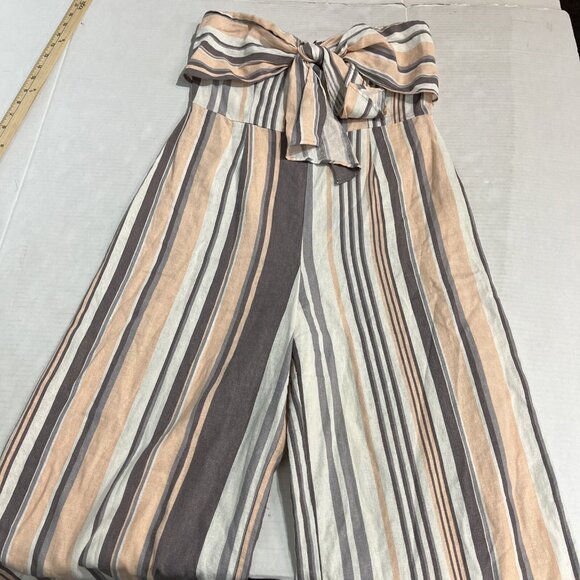Gypsies & Moondust Jumpsuit L Linen Blend Neutral Striped Wide Leg Strapless - Picture 11 of 11